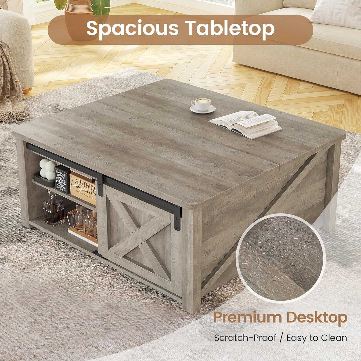 31.5" Lift Top Coffee Table with Storage, Square Coffee Tables for Living Room, Farmhouse Coffee Table with Large Hidden Storage Compartment and Adjustable Shelves, Grey