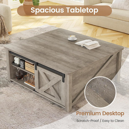31.5" Lift Top Coffee Table with Storage, Square Coffee Tables for Living Room, Farmhouse Coffee Table with Large Hidden Storage Compartment and Adjustable Shelves, Grey