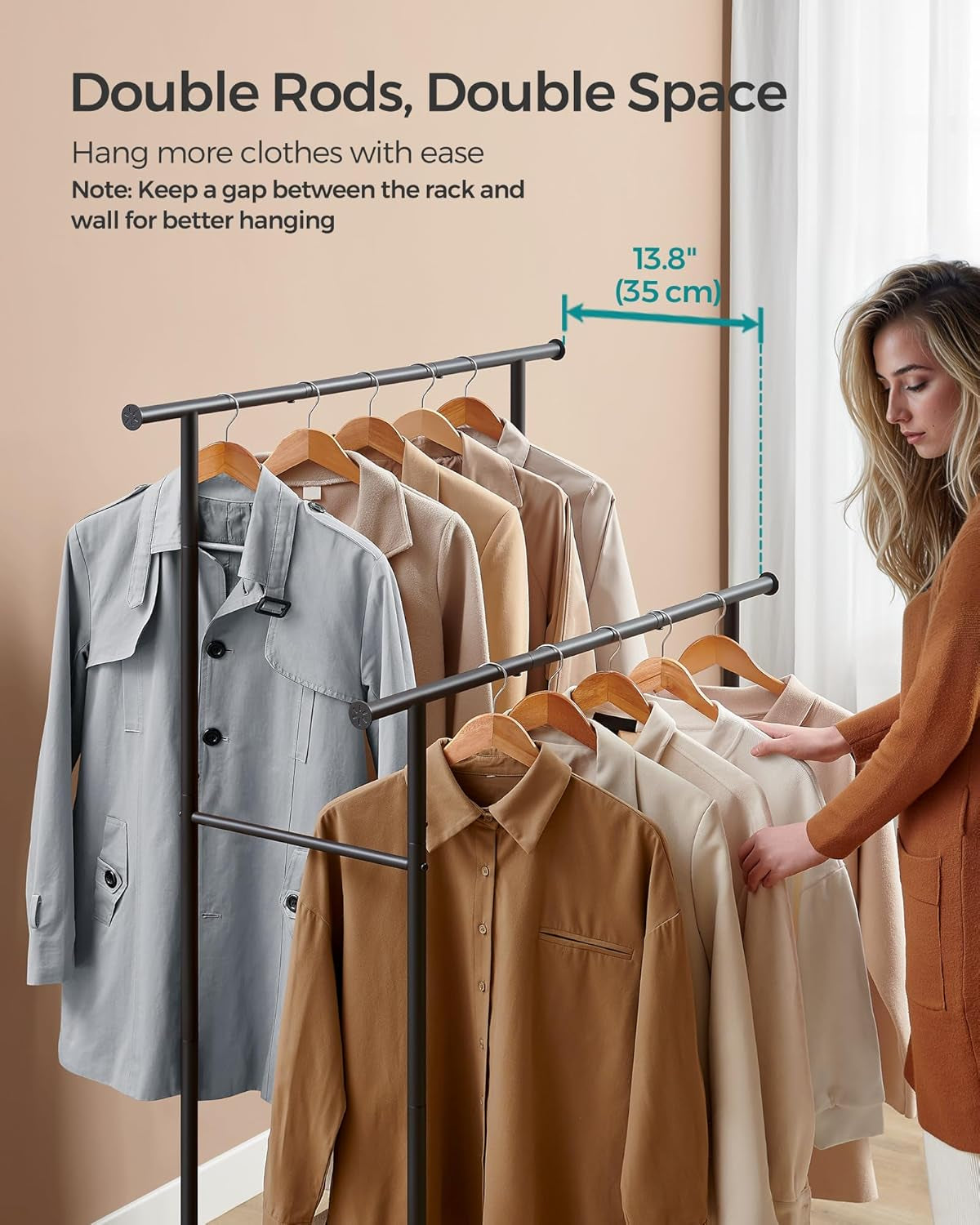 Double-Rod Clothes Rack with Wheels, 38.8 Inches Garment Rack with Shelf for Hanging Clothes, Loads up to 220 Lb, for Bedroom, Closet, Rustic Brown and Ink Black UHSR152B01