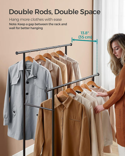 Double-Rod Clothes Rack with Wheels, 38.8 Inches Garment Rack with Shelf for Hanging Clothes, Loads up to 220 Lb, for Bedroom, Closet, Rustic Brown and Ink Black UHSR152B01