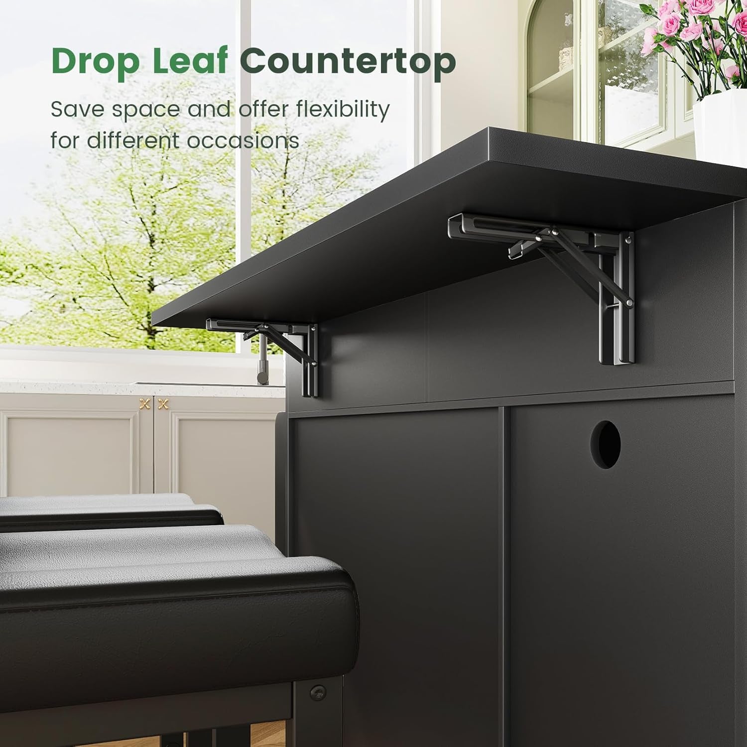 56'' Kitchen Island with Seating and Stainless Steel Countertop, Rolling Kitchen Island on Wheels with Folding Drop Leaf, Power Outlet, Spice/Towel Rack, Island Table Cart for Kitchen, Black