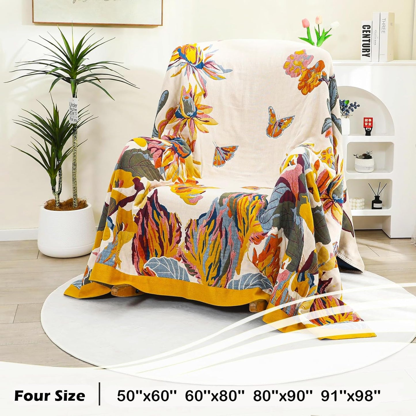Boho Throw Blanket 60" X 80", 100% Organic Cotton Skin-Friendly Lightweight Ultra Soft Bed Quilt Throw - Fall Floral Butterfly Farmhouse Decor Blanket for Sofa Couch Chair and Gift.