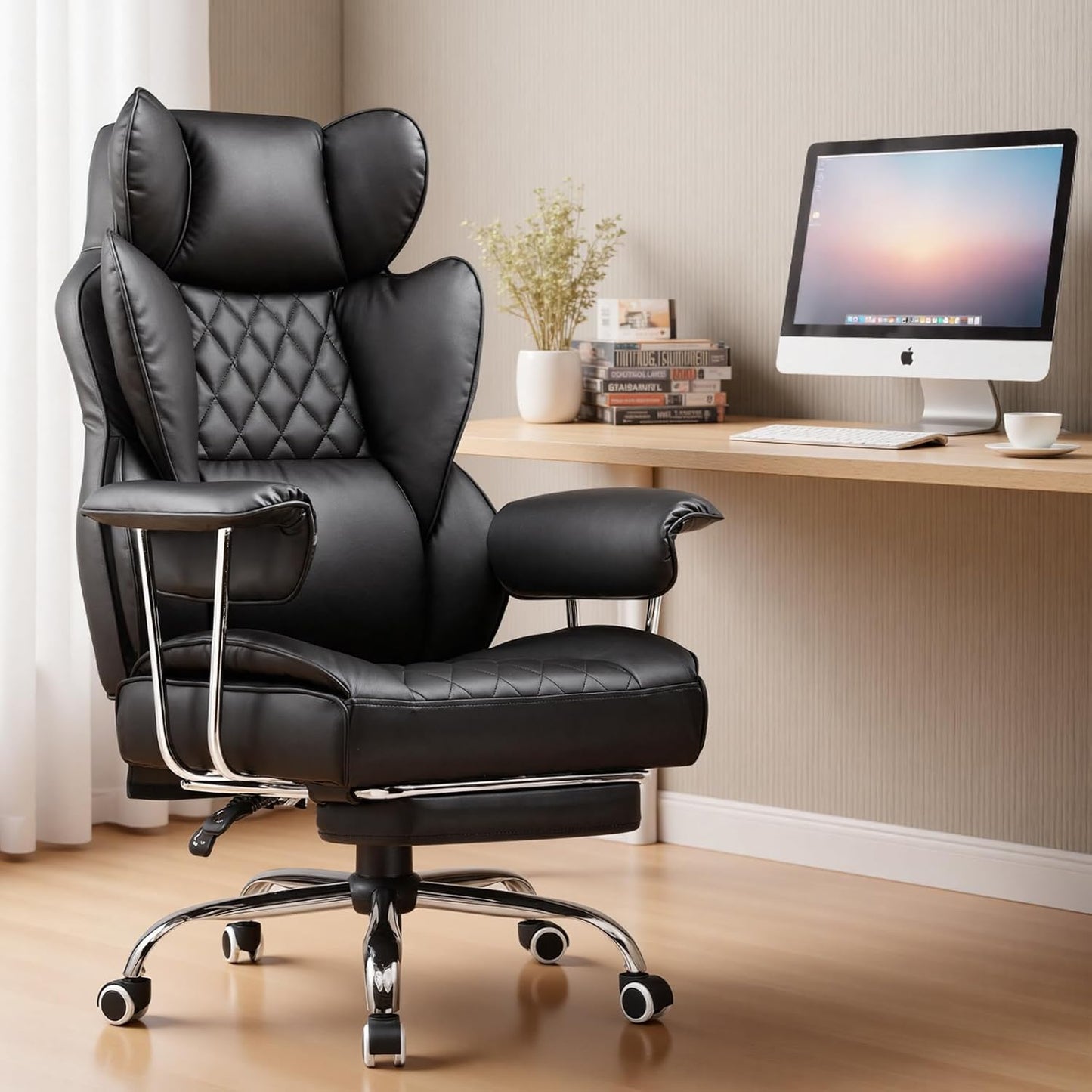 Big and Tall Office Chair, High Back Leather Gaming Chair with Footrest, Executive Ergonomic Office Chair with Pocket Spring Lumbar Support and with Outward Fixed Soft Armrests