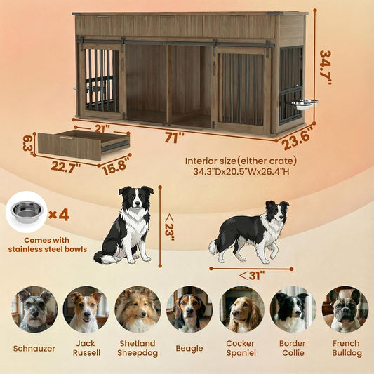 71'' Double Dog Crate Furniture, Large Dog Kennel Indoor with 360° Rotating Feeders and Removable Divider, XXL Wooden Dog Cage with Charging Station, Dog House TV Stand for Large Dog, Walnut