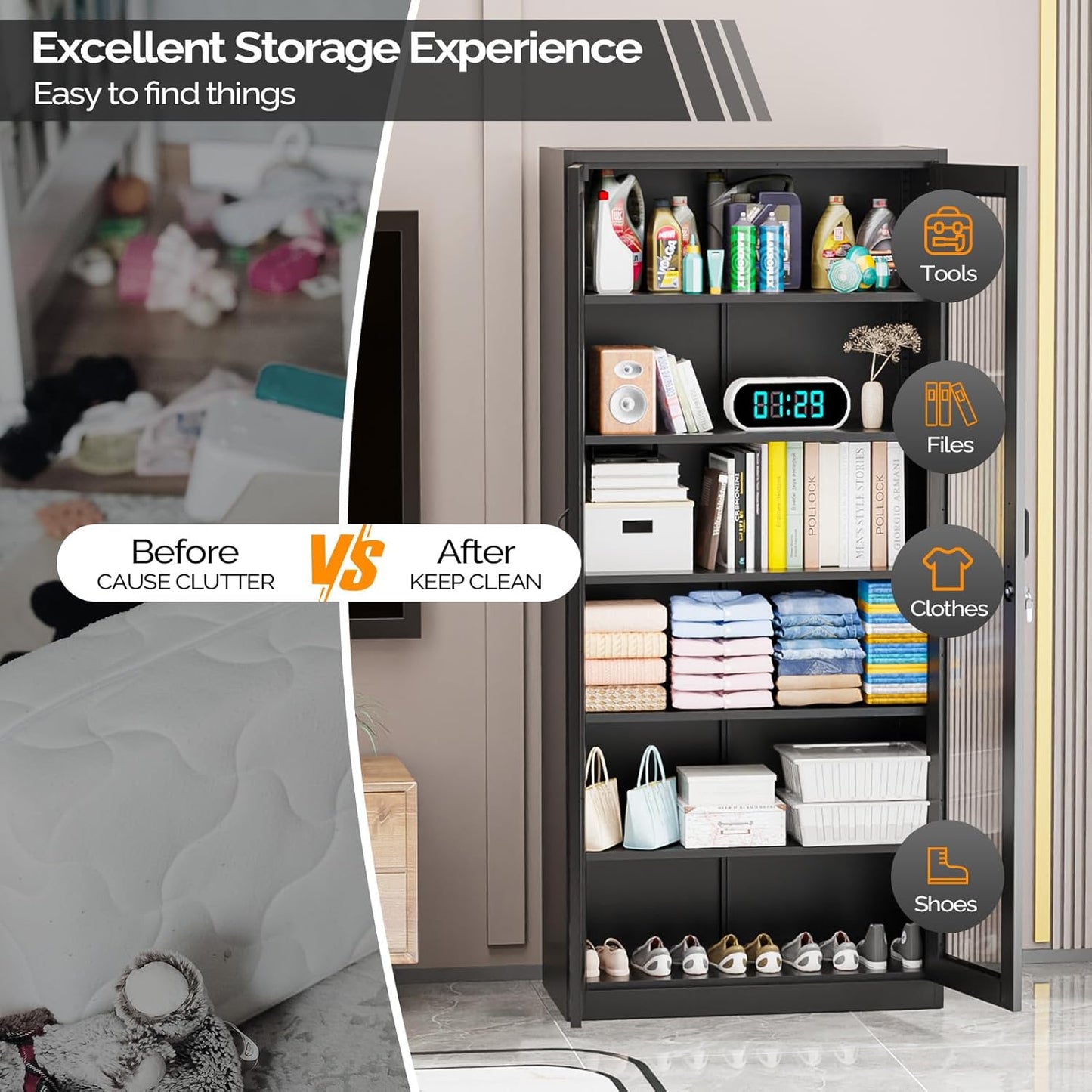 Lockable Display Cabinet with Glass Doors & 5 Adjustable Shelves, 71" Tall Black Metal Storage Cabinet Curio Liquor, Bookshelf Bookcase for Home Office Living Room Pantry Garage