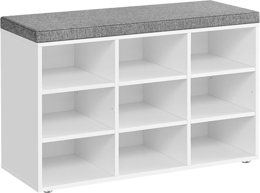 CUSTOS Collection - Shoe Bench, Storage Bench with Padded Seat, Entryway Bench with 9 Compartments, for Bedroom, 11.9 X 30.9 X 18.9 Inches, Cloud White and Dove Gray ULHS009W14