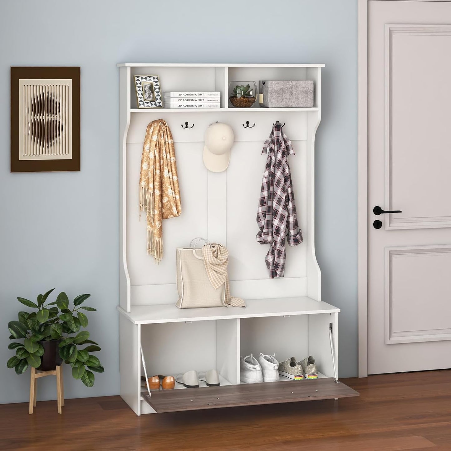 Hall Tree with Coat Rack and Storage Bench, Multifunctional Coat Rack with Entryway Bench, 5 Double Hooks, Freestanding Home Organizer for Entryway, Bedroom (White)