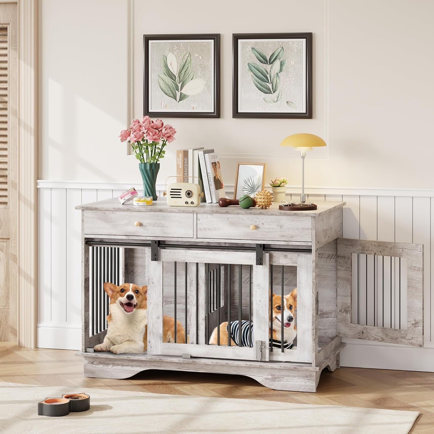 Dog Furniture Crate, 47" Large Dog Crate Furniture W/ 2 Storage Draws & Removable Divider for Large/Medium/Small Dogs (White, Double Cage)