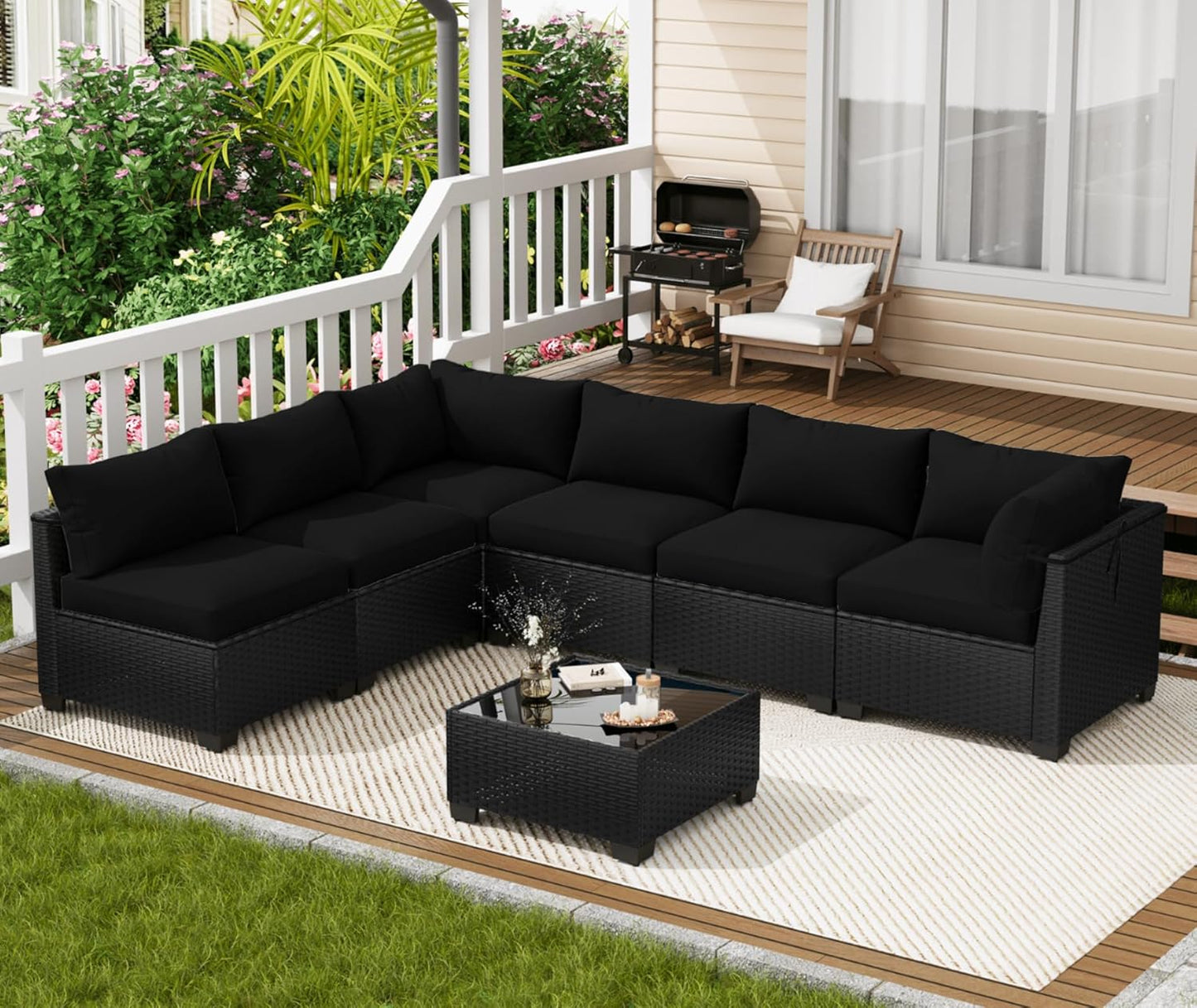 7 Piece Outdoor Patio Furniture Set, Outdoor Sectional Sofa, Wicker Rattan Patio Furniture, Patio Conversation Set with Coffee Table & Cushions