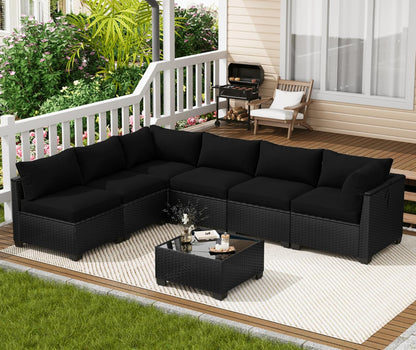 7 Piece Outdoor Patio Furniture Set, Outdoor Sectional Sofa, Wicker Rattan Patio Furniture, Patio Conversation Set with Coffee Table & Cushions