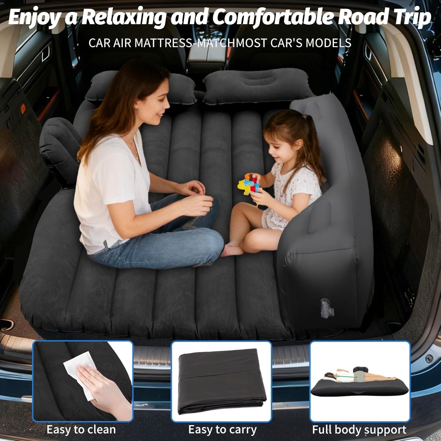 Inflatable Car Air Mattress Back Seat Bed with Air Pump,55" (L) X 35" (W) Portable Thickened Car Travel Camping Sleeping Air Mattress Blow up Bed for Mid-Size,Full-Size Car SUV