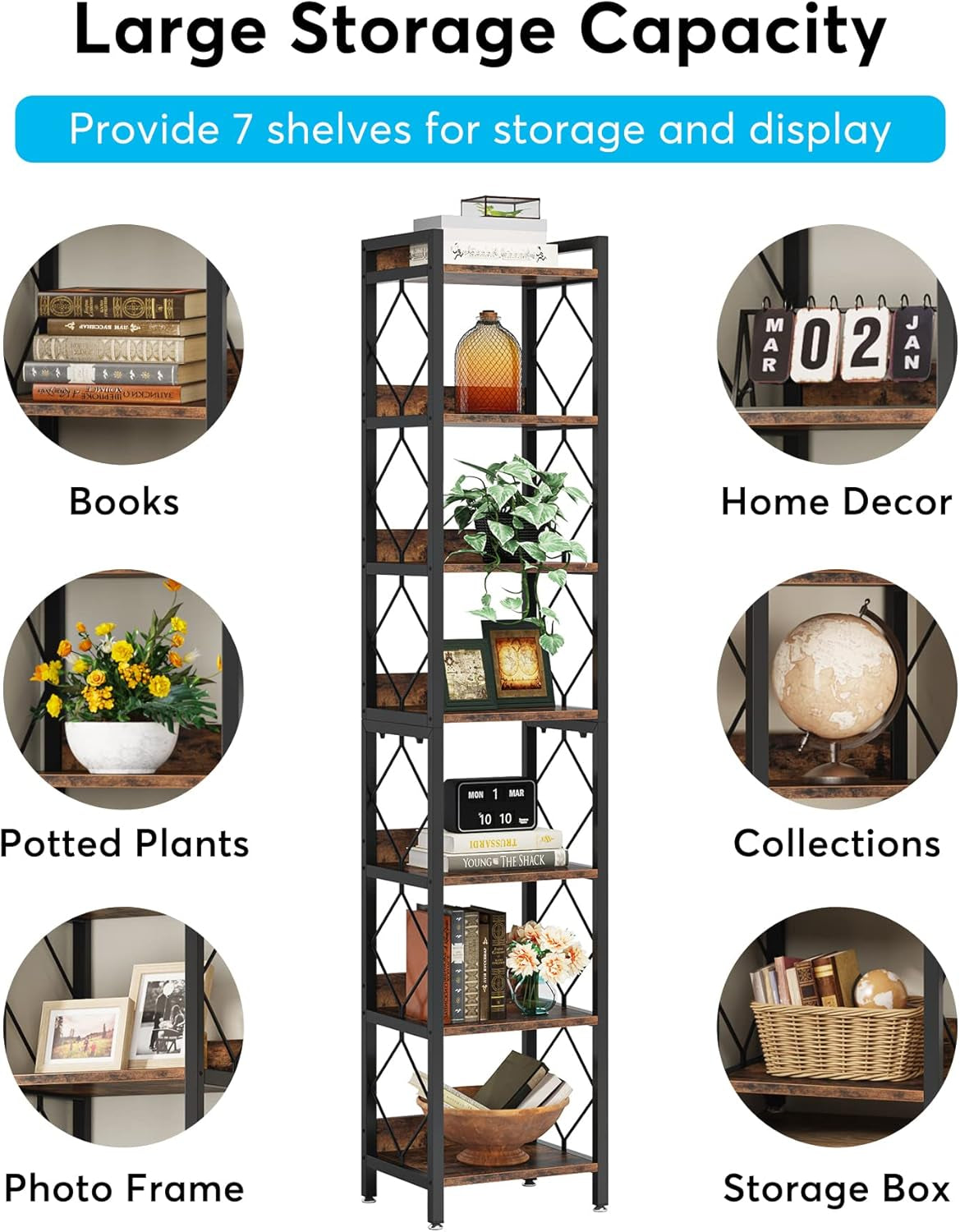 78.7 Inch Extra Tall Narrow Bookshelf, 7 Tier Skinny Bookcase for Small Spaces, Freestanding Display Shelves, Multifunctional Corner Storage Organizer for Home Office, Rustic Brown