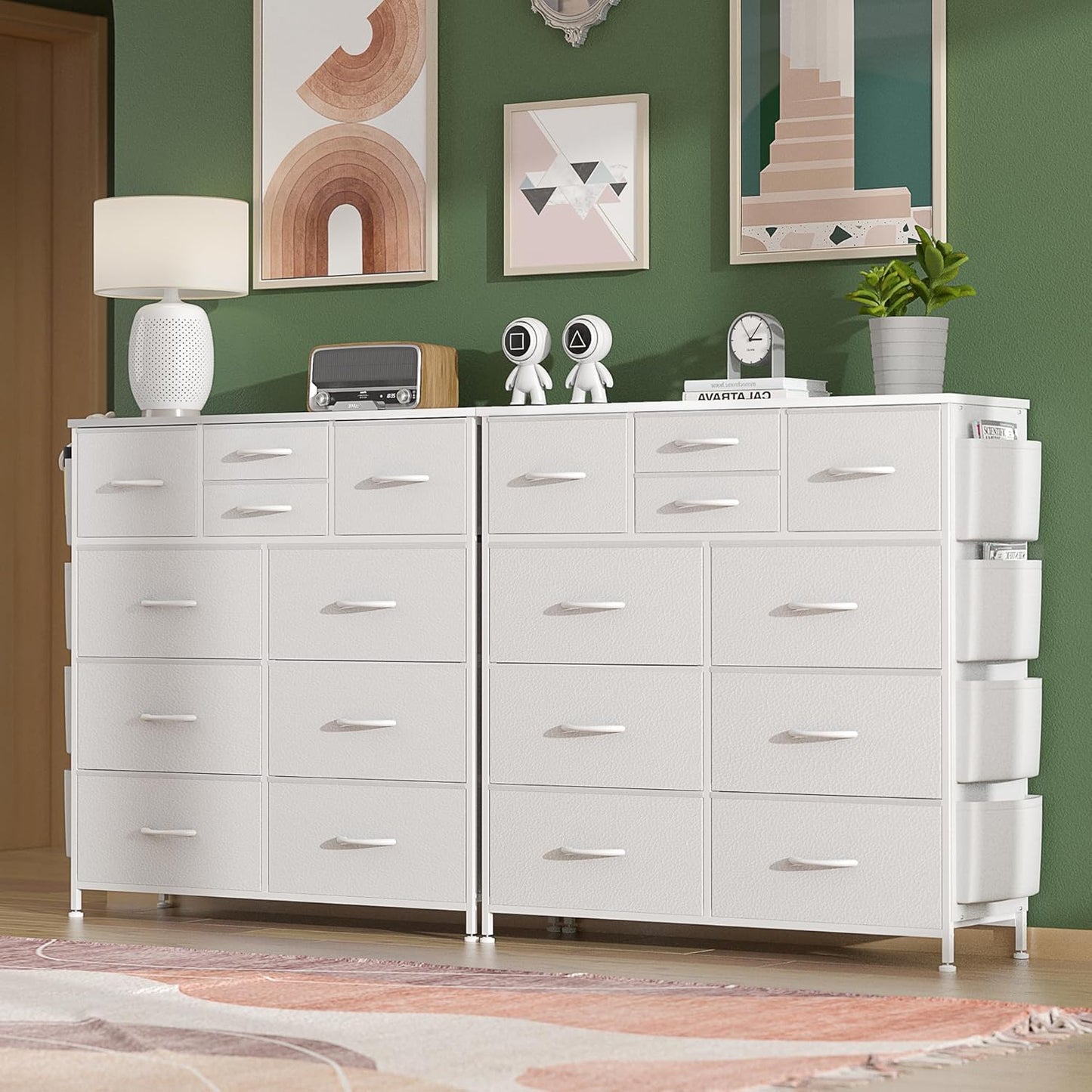 White Dresser for Bedroom with 10 Drawers, Chest of Drawers with Side Pockets and Hooks, PU Storage Dresser, Organizer Unit for Living Room, Hallway, Closet (White)