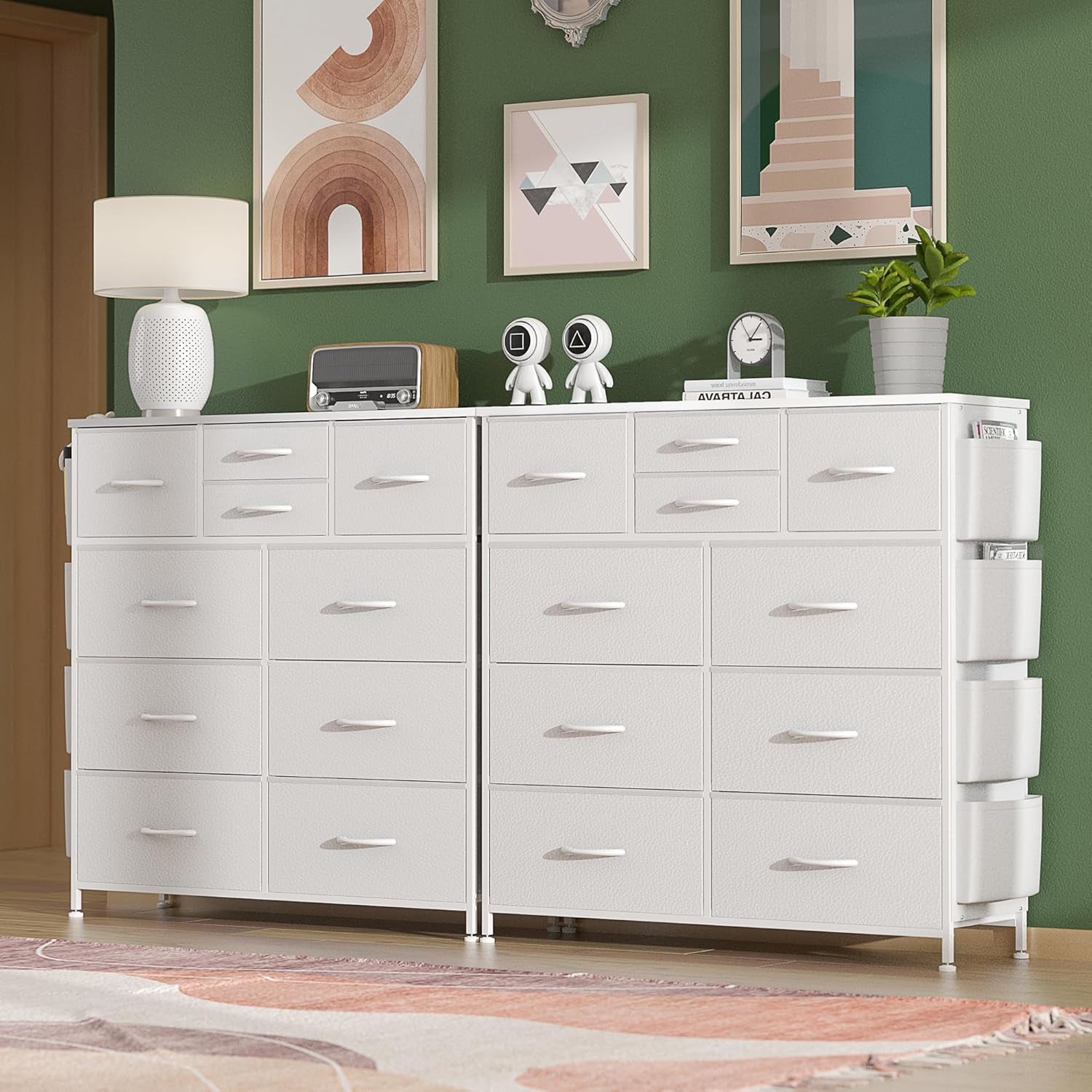 White Dresser for Bedroom with 10 Drawers, Chest of Drawers with Side Pockets and Hooks, PU Storage Dresser, Organizer Unit for Living Room, Hallway, Closet (White)