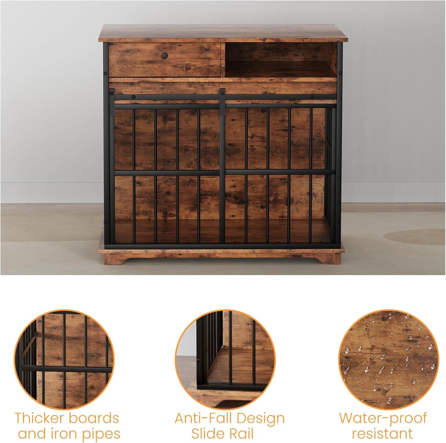 35.4" Dog Crate Furniture, Dog Kennel Indoor with Wheels for Medium Small Dogs, Wooden Dog Crate End Table with Drawer, Open Shelves and Sliding Door, Dog Kennel Furniture for Living Room, Bedroom