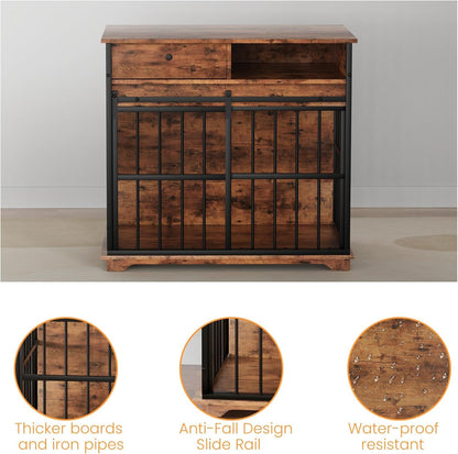 35.4" Dog Crate Furniture, Dog Kennel Indoor with Wheels for Medium Small Dogs, Wooden Dog Crate End Table with Drawer, Open Shelves and Sliding Door, Dog Kennel Furniture for Living Room, Bedroom