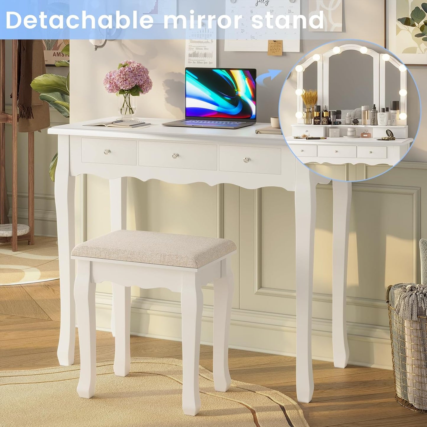 Makeup Vanity with Lights, Vanity Desk with Lighted Mirror and Stool, Vanity Table Set with 5 Drawers, 3 Light Settings, Adjustable Brightness, White