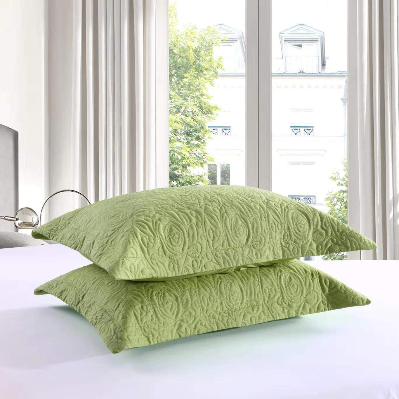 2-Piece Embroidered Pillow Shams, Decorative Microfiber Pillow Covers Set, Standard Size (Green)