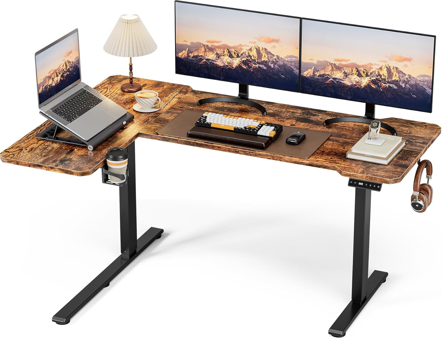59 Inch L Shaped Standing Desk Electric Adjustable Height, Corner Standing Desk, Electric Sit Stand Table with Reversible Splice Boards for Computer Office Home (Rustic Brown)