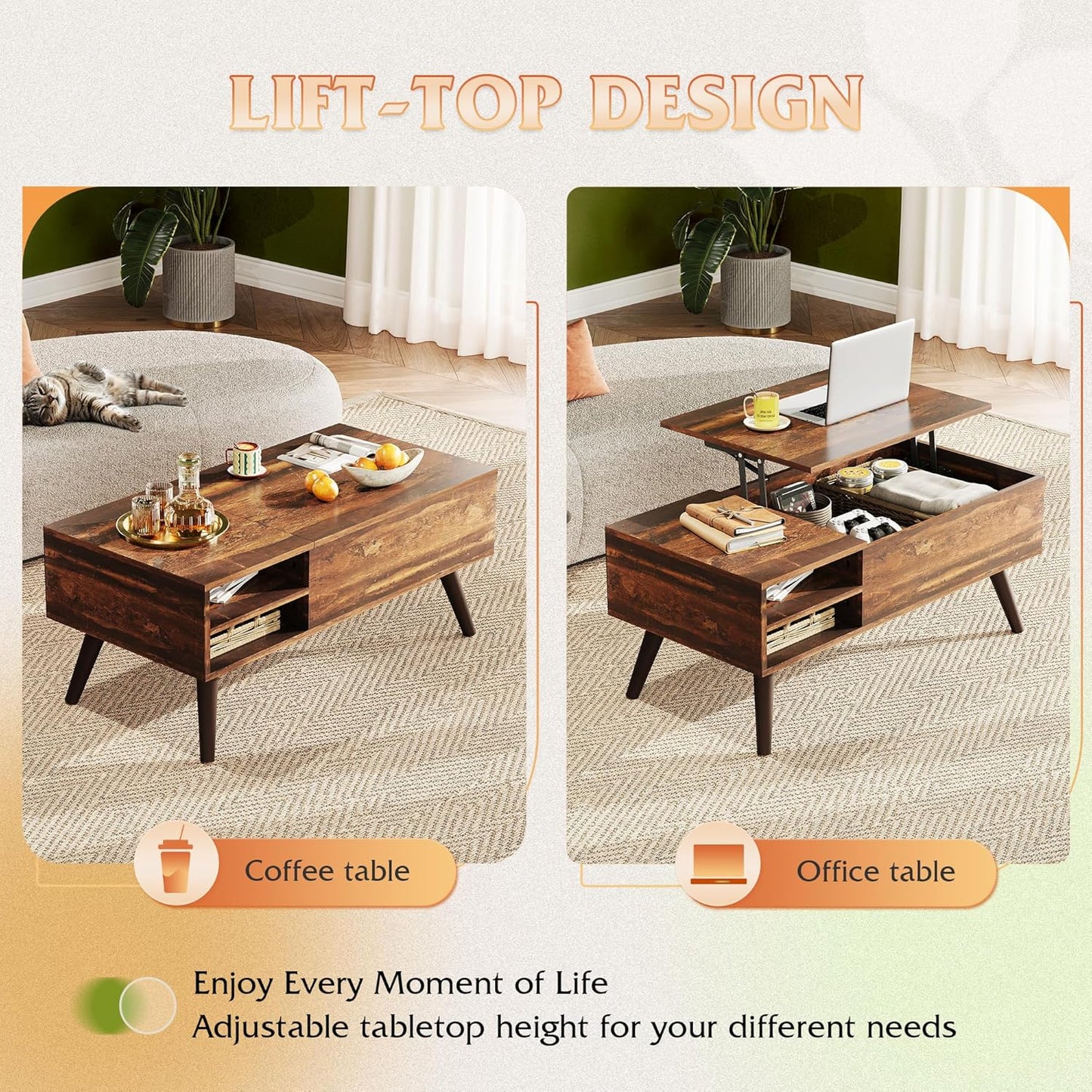 Lift Top Coffee Table for Living Room,Small Coffee Table with Storage, Adjustable Shelf and Storage Compartment, Mid Century Modern Living Room Table, Wood, Rustic Brown