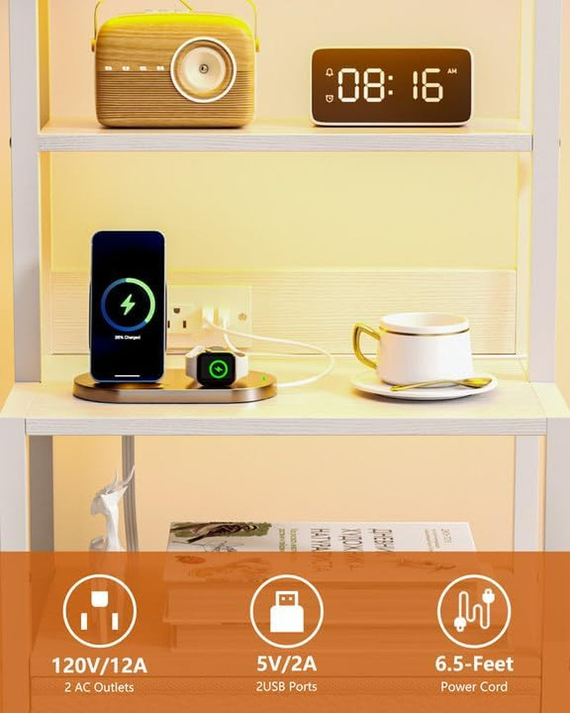 Night Stand, White Bedside Nightstand with 4-Tier Shelves and 3 Fabric Drawers, LED Bed Side Tables with Charging Station, Tall Dresser for Bedroom, Hallway, Office