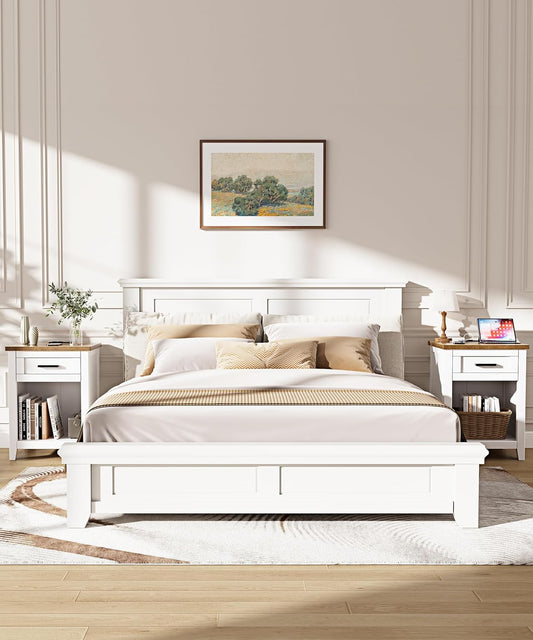 Farmhouse Nightstand with Charging Station & Large Storage, Set of 2 Modern End Tables with Outlets, USB Ports and Type-C Ports, Easy Assembly for Bedroom (Pure White + Walnut)