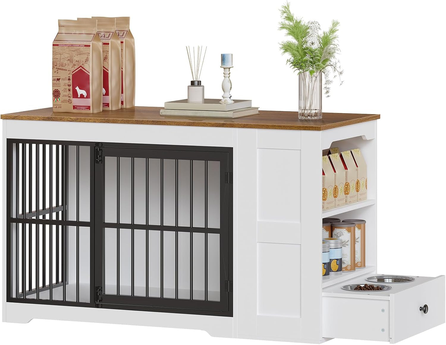 Dog Crate Furniture, 47.2” Dog Kennel Indoor with Storage Shelf and Feeding Bowls, Wooden Dog Kennel Furniture for Medium Large Dogs, White, Walnut and Black