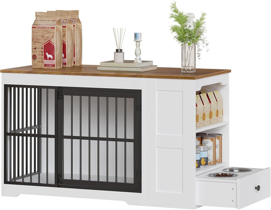 Dog Crate Furniture, 47.2” Dog Kennel Indoor with Storage Shelf and Feeding Bowls, Wooden Dog Kennel Furniture for Medium Large Dogs, White, Walnut and Black