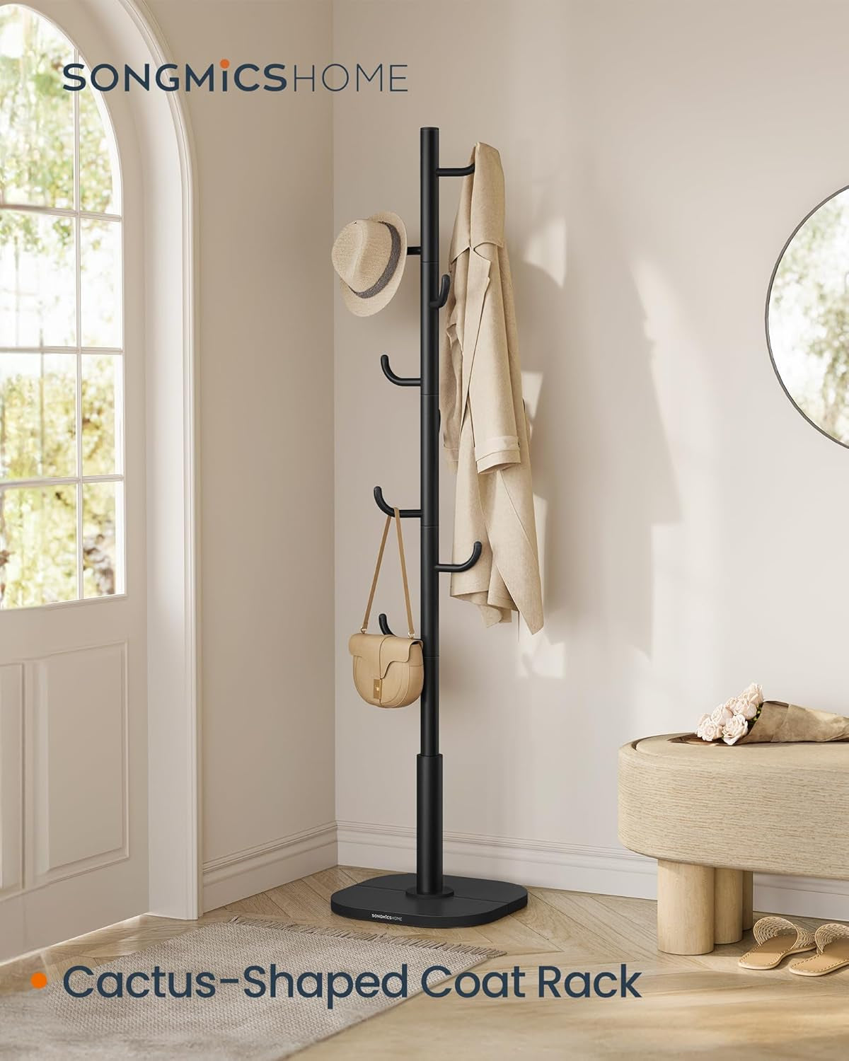 Cactus-Shaped Coat Rack, Freestanding Coat Tree, Coat Hanger Stand with 8 Sturdy Hooks, with Curved Ends, for Clothes, Hats, Bags, Ink Black URCR039B01