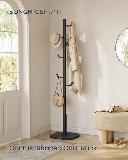 Cactus-Shaped Coat Rack, Freestanding Coat Tree, Coat Hanger Stand with 8 Sturdy Hooks, with Curved Ends, for Clothes, Hats, Bags, Ink Black URCR039B01