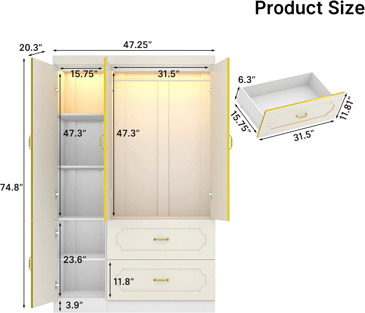 75" Tall 3 Doors Armoire Wardrobe Closet with Mirror and LED Light,Modern Freestanding White Wardrobe Armoire for Bedroom with Drawers,Modern Clothing Storage Cabinet for Bedroom(White)