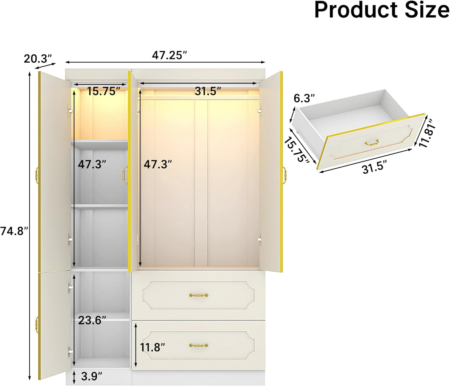 75" Tall 3 Doors Armoire Wardrobe Closet with Mirror and LED Light,Modern Freestanding White Wardrobe Armoire for Bedroom with Drawers,Modern Clothing Storage Cabinet for Bedroom(White)