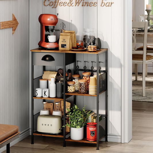 Farmhouse Small Coffee Bar with Drawer, 5-Layer Staggered Coffee Stand Station for Small Space, Rustic Bar Cabinet for Kitchen, Buffet Sideboard Cabinet for Living Room, Room Cafe
