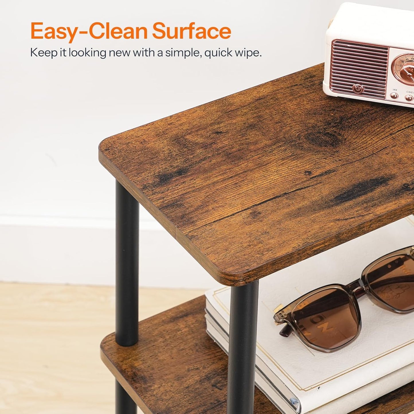 Narrow Side Table, 3-Tier Slim End Table No Tools Needed, Twist-On Assembly, Skinny Nightstand Sofa Storage Shelf for Living Room, Bedroom, Study, Rustic Brown and Black BF246BZ01N1