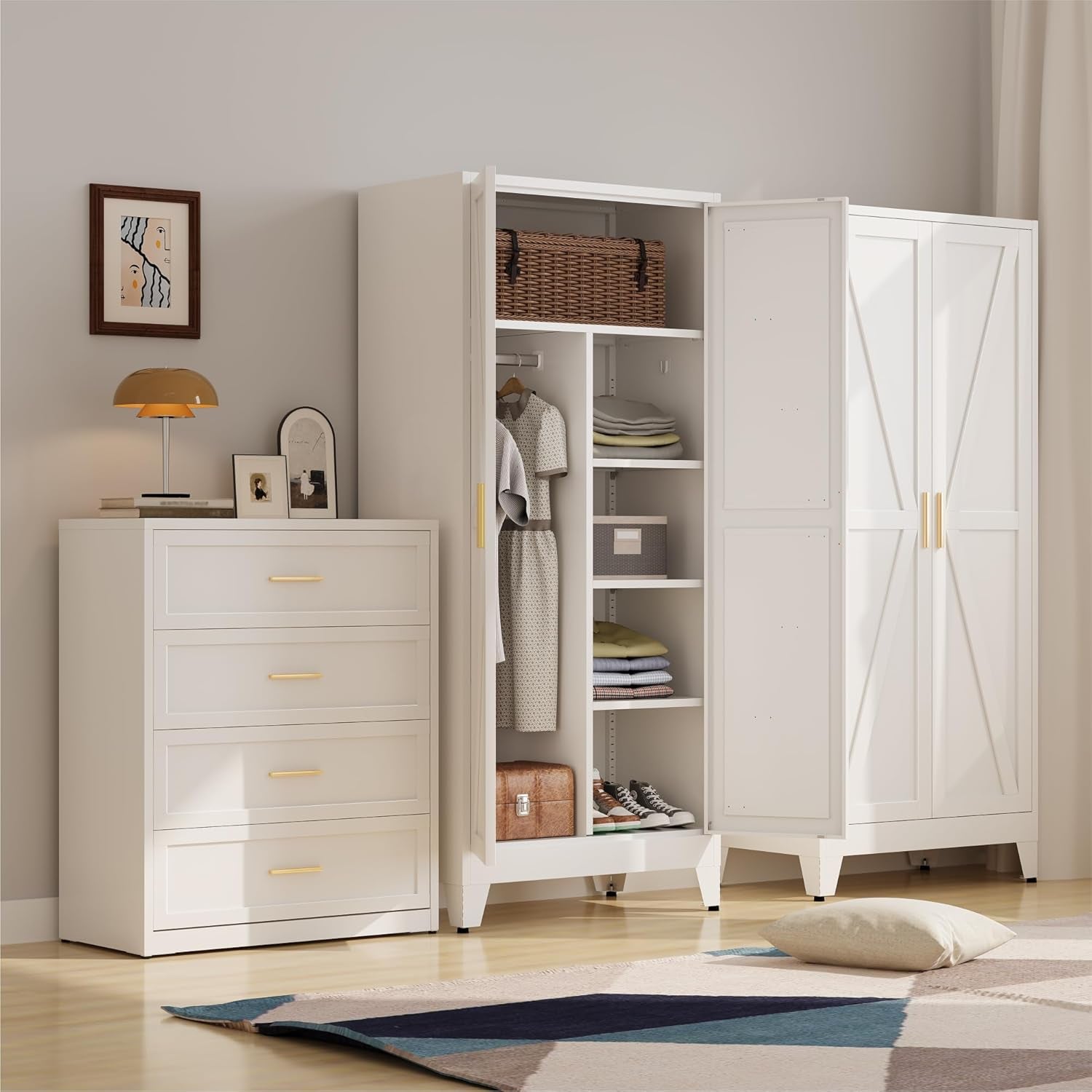 Metal Armoire Wardrobe Closet with Hanging Rod,71'' Laundry Room Cabinets with 2 Doors and 3 Adjustable Shelves,Bedroom Armoires,Laundry Room Cabinets,Armario De Ropa Closet（Modern）