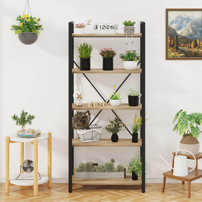 5 Tier Bookshelf, Industrial Wood and Metal Book Shelves for Display, Tall Etagere Bookcase and Rustic Shelving Unit (Rustic Oak)