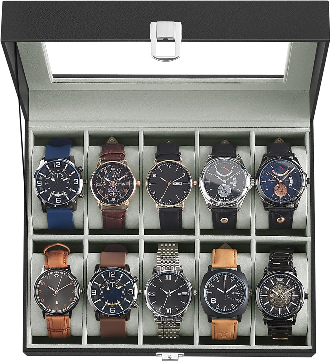 Watch Box, 12-Slot Watch Case with Large Glass Lid, Removable Watch Pillows, Watch Box Organizer, Gift for Loved Ones, Black Synthetic Leather, Wine Red Lining UJWB120R01