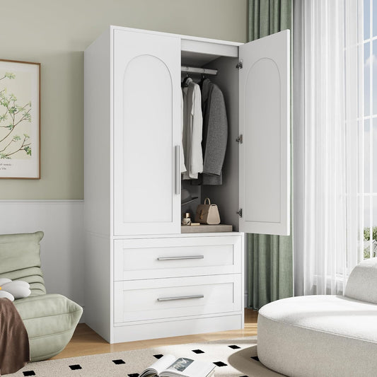 Wooden Armoire Wardrobe Closet with 2 Doors and 2 Drawers,Bedroom Freestanding Armoire Storage Cabinet with Shelves,Tall Clothing Storage Cabinet for Bedroom,White