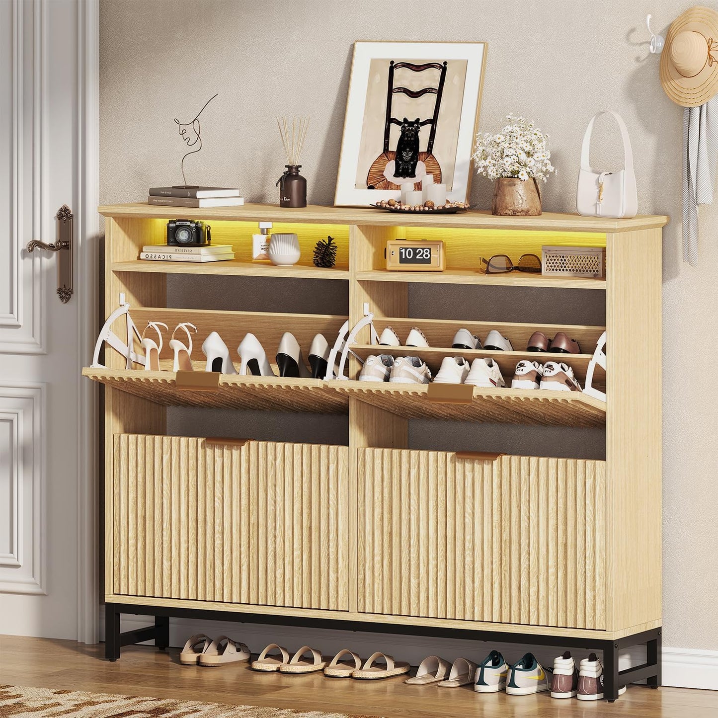 Fluted Shoe Storage Cabinet with 4 Flip Drawers, 47.24" Narrow Shoe Organizer Cabinet with LED Light, Slim Freestanding Shoe Rack Cabinet, Wooden Hidden Shoe Cabinet for Entryway, Hallway(Natural Oak)