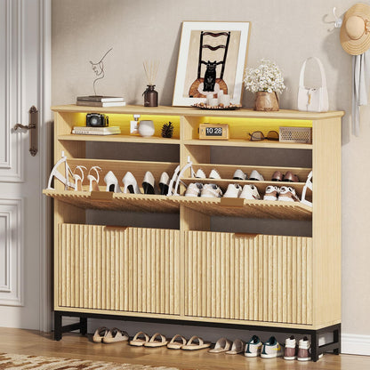 Fluted Shoe Storage Cabinet with 4 Flip Drawers, 47.24" Narrow Shoe Organizer Cabinet with LED Light, Slim Freestanding Shoe Rack Cabinet, Wooden Hidden Shoe Cabinet for Entryway, Hallway(Natural Oak)