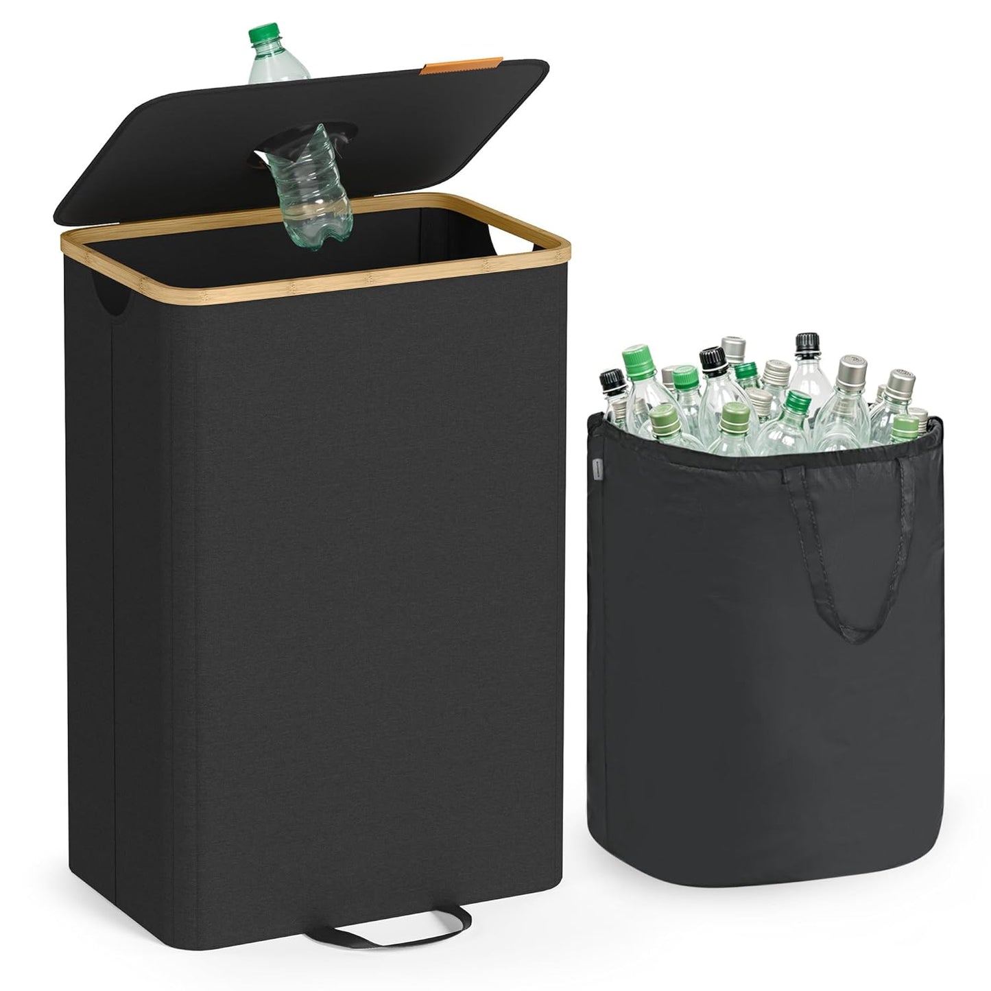 Recycling Bin for Kitchen 26.4 Gallon. Bottle Recycling Container, Collection Bin, for Metal, Plastic, Paper, Glass, Inner Bag with Handles, Kitchen, Ink Black and Natural Beige URRB509B01