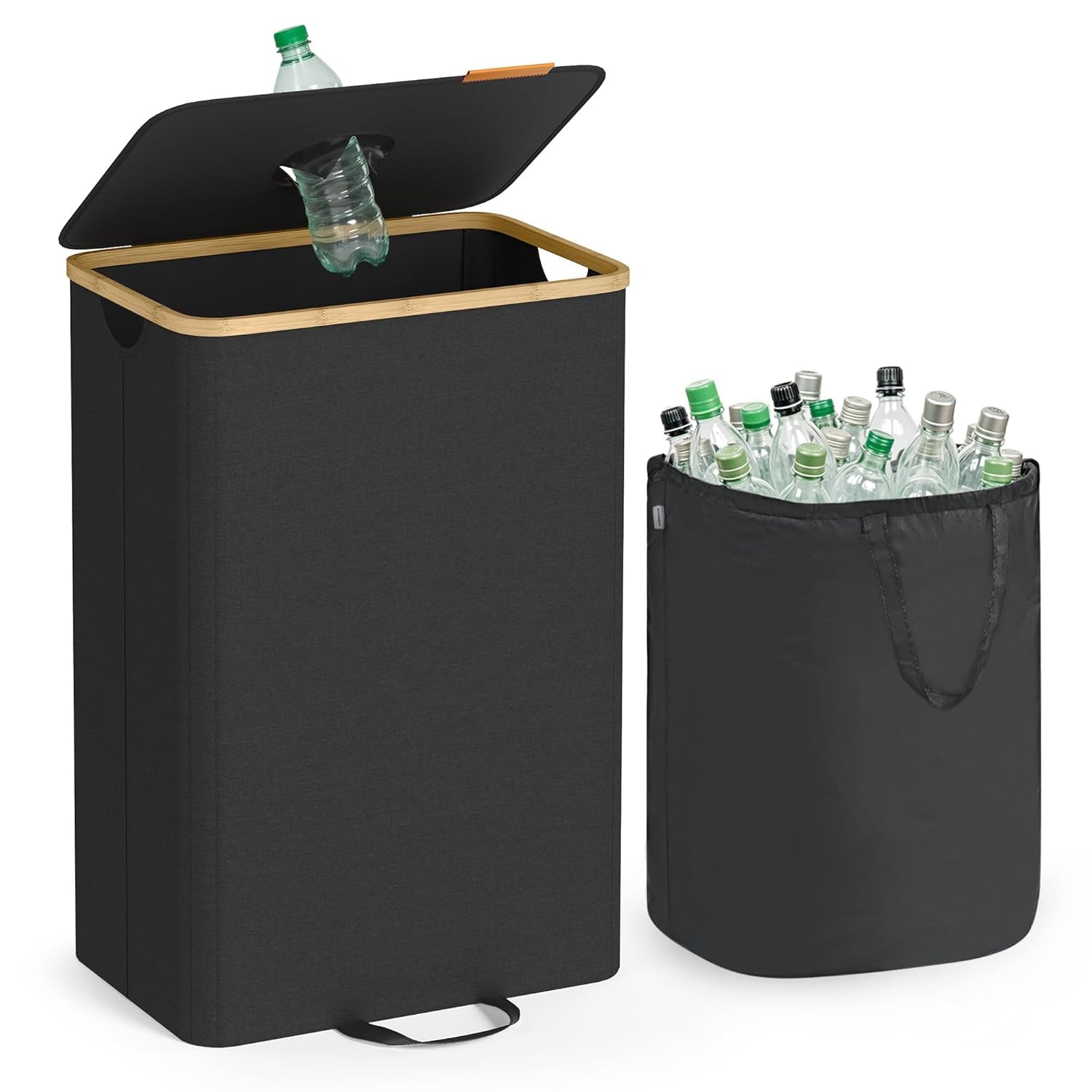 Recycling Bin for Kitchen 26.4 Gallon. Bottle Recycling Container, Collection Bin, for Metal, Plastic, Paper, Glass, Inner Bag with Handles, Kitchen, Ink Black and Natural Beige URRB509B01