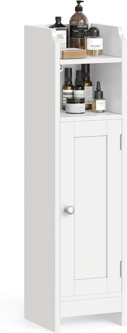 Small Bathroom Storage Corner Floor Cabinet with Door, 7.9 X 7.1 X 31.5 Inches, Bathroom Organizer, Narrow Toilet Paper Storage Cabinet, Adjustable Shelves, Cloud White UBBC310W01