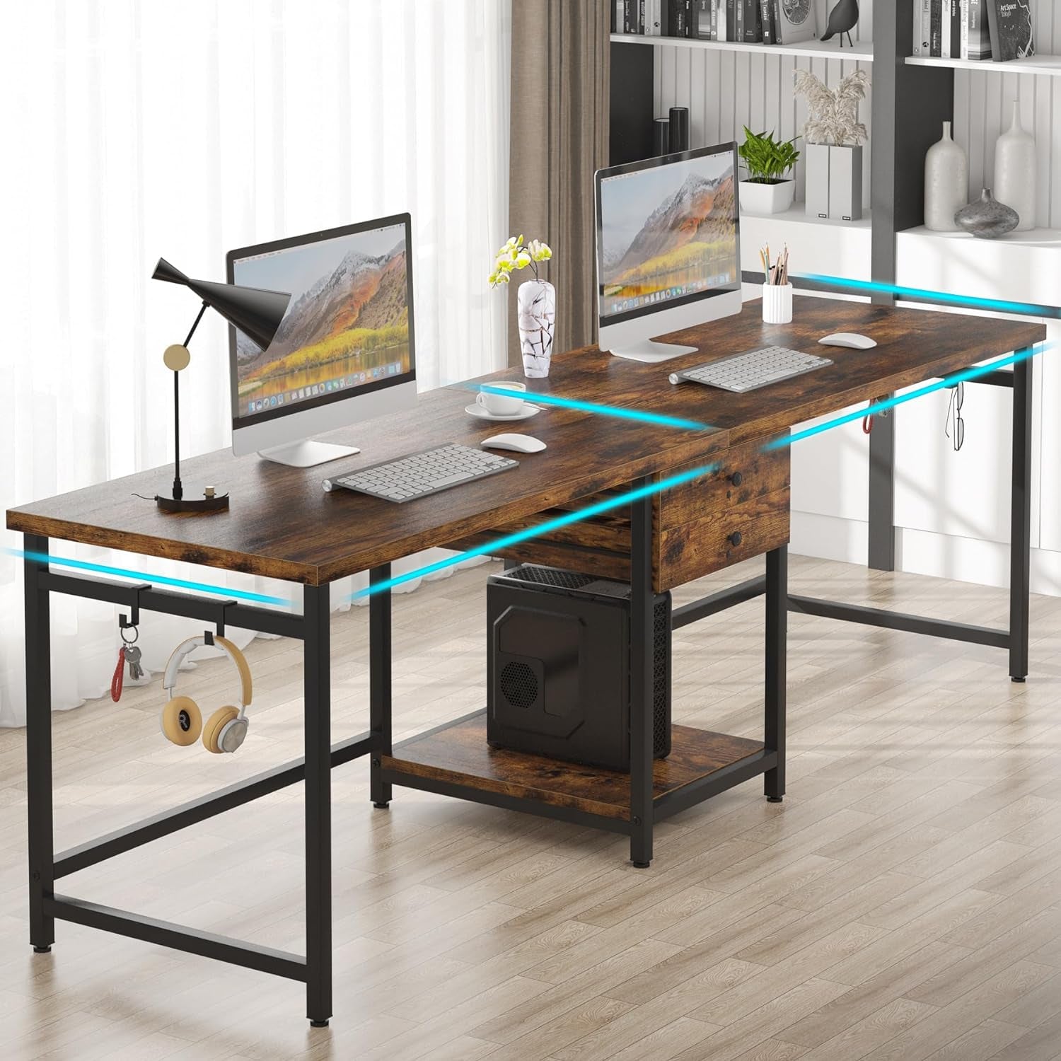 Two Person Desk, 79 Inch Double Desk with 2 Drawers, Large Computer Desk Long Desks with Storage Shelves, Writing Table Study Desk for Home Office, Rustic Brown (NY001)