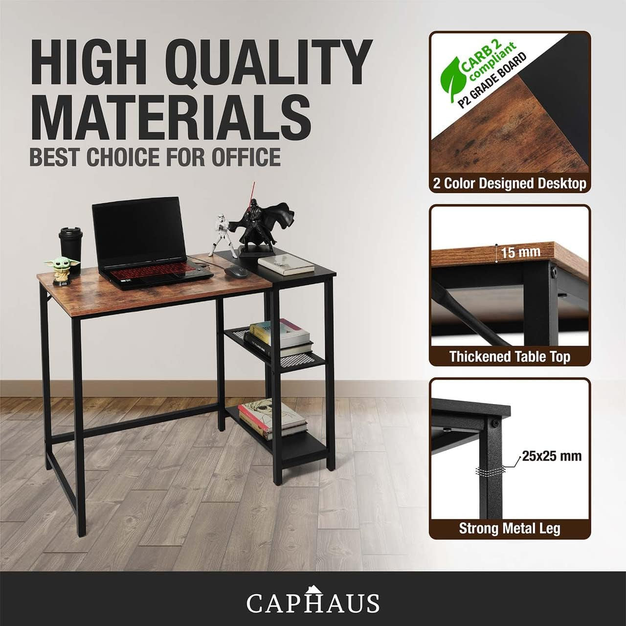 40 Inch Computer Desk with 2-Tier Storage Shelves, for Home Office & Gaming, Small Spaces Desk for Bedroom/Office, Easy Assemble P2 Board & Steel Legs, Rustic Oak & Black (220 Lbs Load)