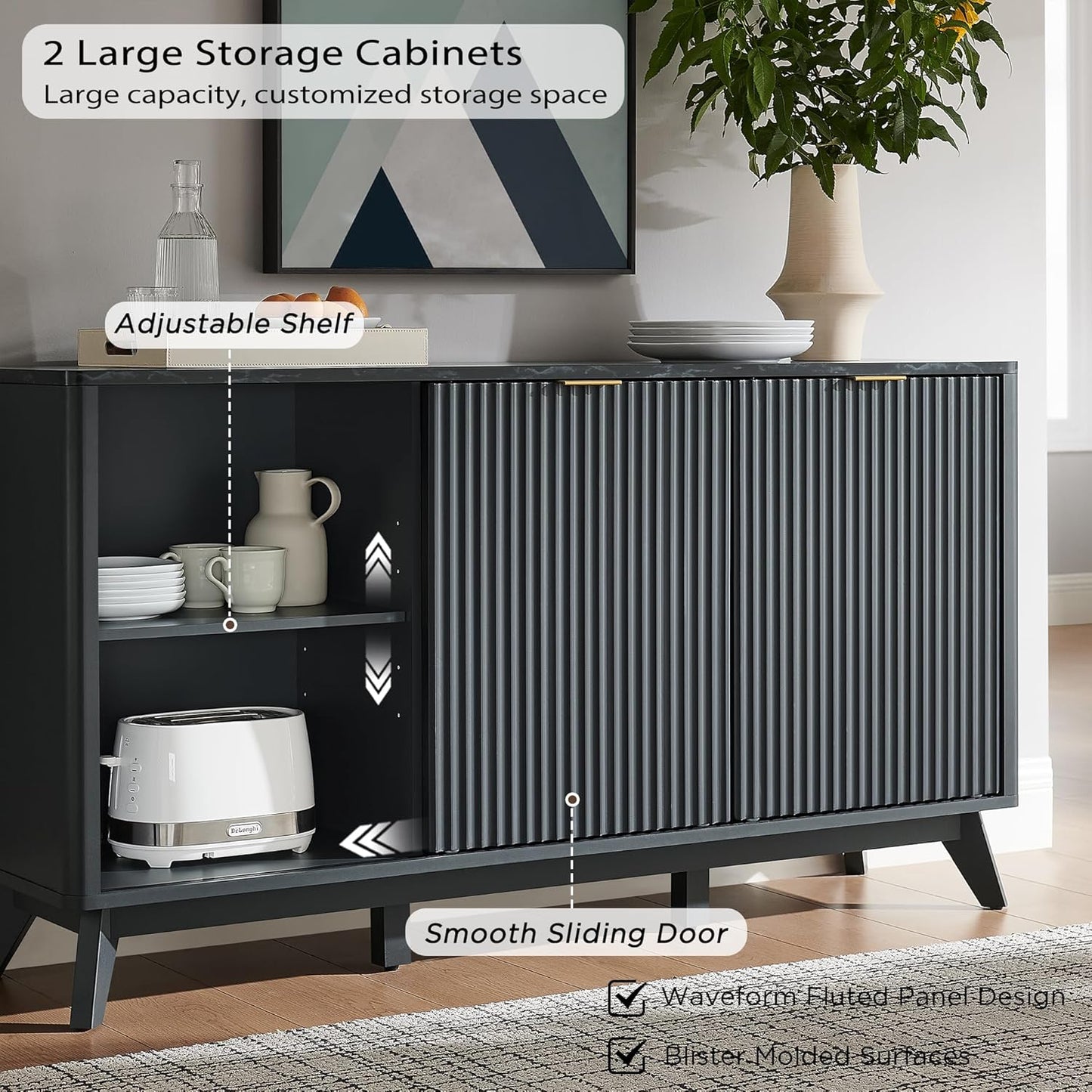 Fluted Buffet Cabinet, 60" Modern Sideboard with Sliding Doors & 4 Drawers, Coffee Bar Table with Storage, Faux Marble Top and Curved Profile Design for Dining Room, Living Room, Dark Grey