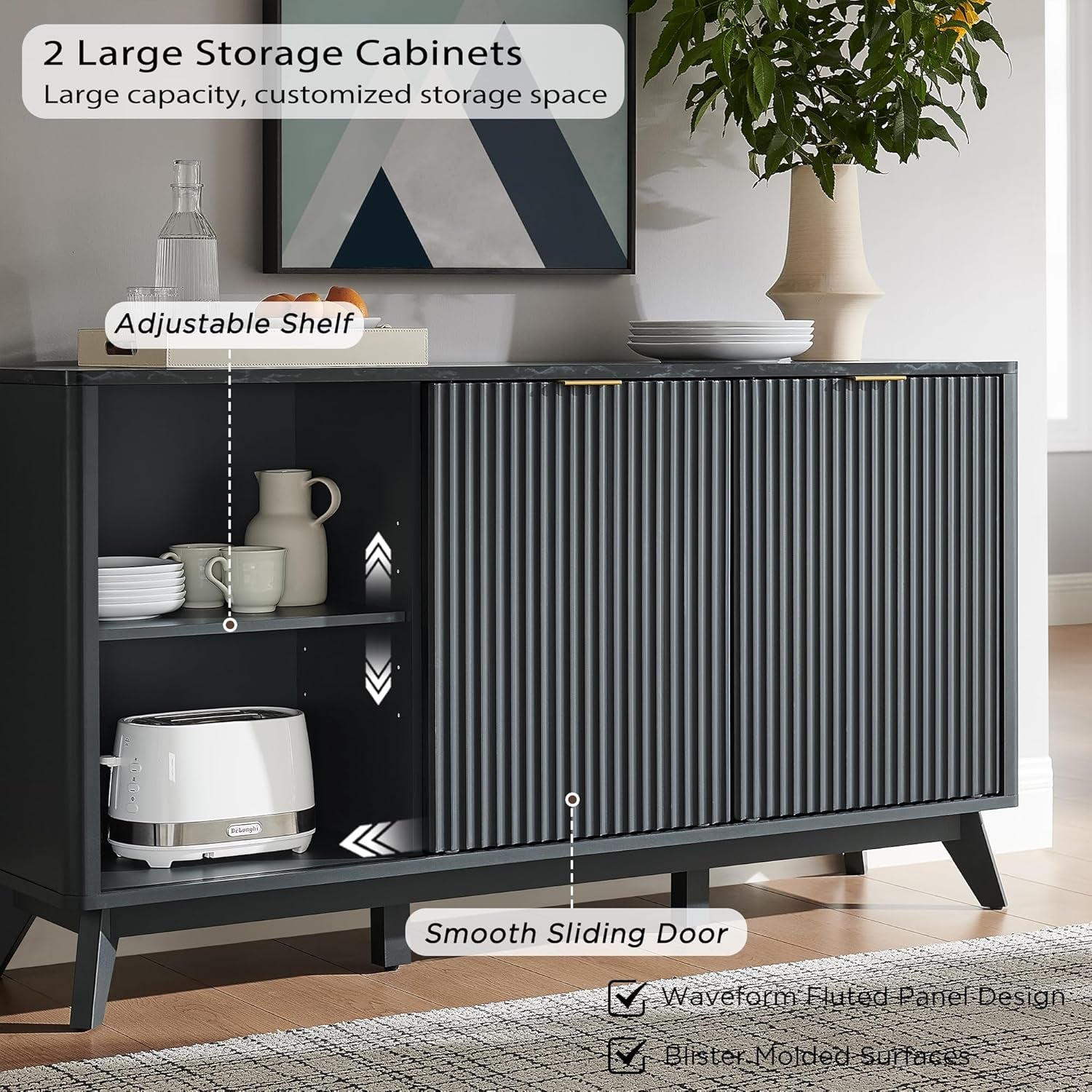 Fluted Buffet Cabinet, 60" Modern Sideboard with Sliding Doors & 4 Drawers, Coffee Bar Table with Storage, Faux Marble Top and Curved Profile Design for Dining Room, Living Room, Dark Grey