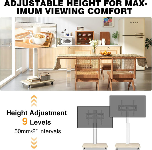 Rolling TV Stand for 32 to 65 70 Inch Tvs, Elegant Floor TV Stand with Wheels, Mobile TV Cart with 9 Levels of Height Adjustment for Optimal Viewing, White Floor Stand for Living Room