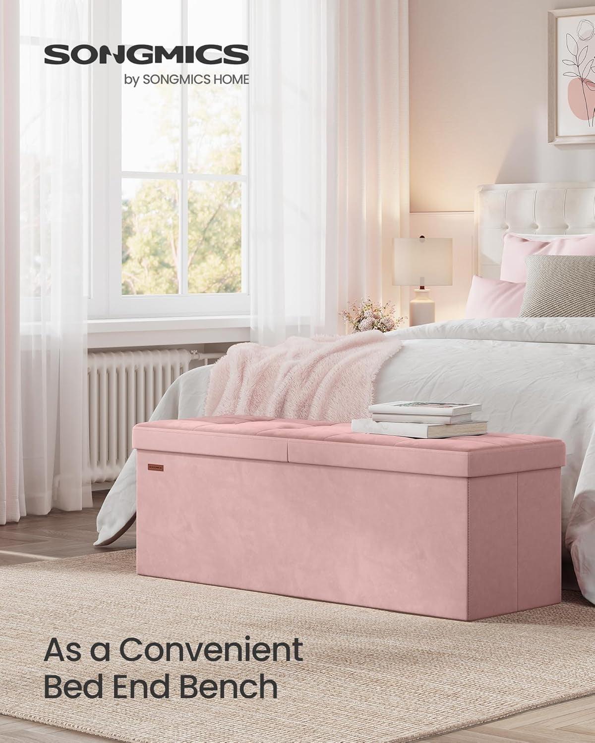 Mazie Collection - 43 Inches Storage Ottoman, Foldable Storage Bench with Flipping Lid, 660 Lb Load Capacity, for Entryway, Living Room, Bedroom, Velvet Fabric, Jelly Pink ULSF078SA01