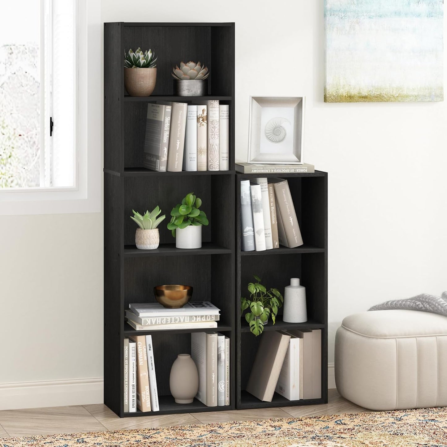 LUDER Book Shelf, 5-Cube Bookshelf, Bookcase with Open Shelf, 9.4 X 15.8 X 52, for Living Room, Bedroom, Home Office, Blackwood